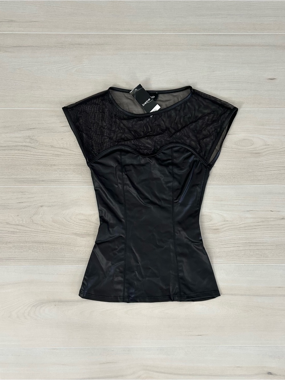 new with tags black bebe leather and mesh top